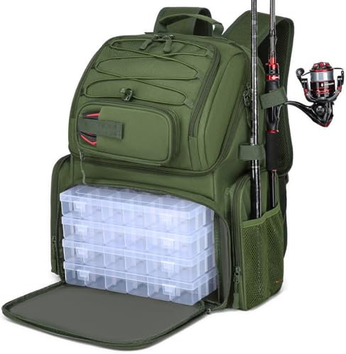 HAMBOLY Angelrucksack mit Tackle-Boxen, 50 l Angelausrüstungstasche mit Kühler und Rutenhaltern, wasserdichte Angeltasche für Herren