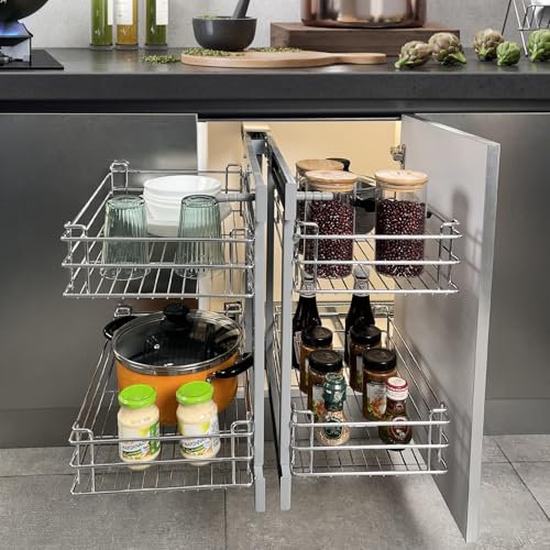 Warmiehomy Blind Corner Pull Out Kitchen Storage 2 Tier Pull Out Cabinet Organiser with 4 Wire Baskets Soft Close Blind Corner Organizer for 800-1000mm Left Right Open Compatible
