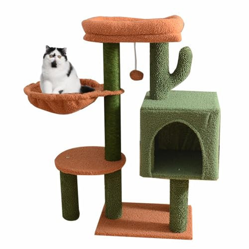YPDOPORA Cat Condo for Indoor Cats, Cactus Cat Tree 35.4- Medium Cat Tower W/Sisal Scratching Post, Large Padded Top Perch, Comfy Hammock and 2 Dangling Balls for Small-Medium Cats