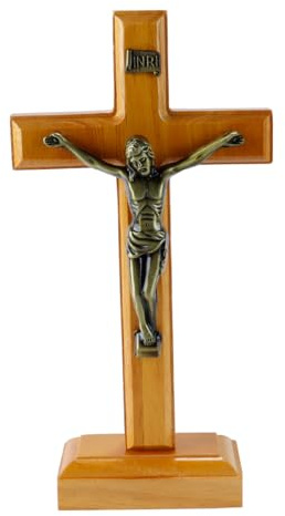 Enwye Croix Debout en Bois, Ornement De Table, Croix Murale en Bois Orange Foncé Debout avec Support, Décoration Crucifix pour La Décoration De La Maison