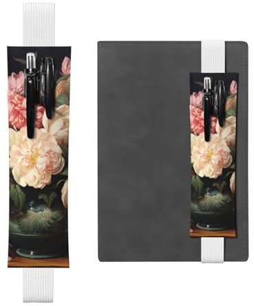 Pen Holder for Notebook Adjustable Elastic Band Pencil Holder Bowl with Peonies and Rose Bookmark PU Leather Pen Sleeve Pouch Pencil Case Book Marks Page Marker for Planners Journals Book