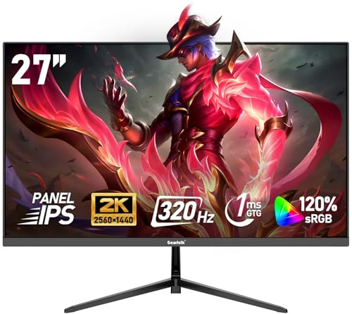 Gawfolk 2K QHD 27 Inch IPS Monitor (2560 x 1440), Gaming Computer Monitor, 320Hz, 1ms Frameless, FreeSync, 120% sRGB, HDMI 2.0, DisplayPort, Wall Mount 75 x 75 mm - Black