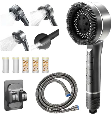 Pommeau de Douche Haute Pression, Pommeau de Duche avec Filtre, Douchettes Douche Salle de Bain 4 Modes Réglable, Douches à main avec 5 Filtre,Tuyau 1.5m Douchettes Économie Deau pour salles de bain