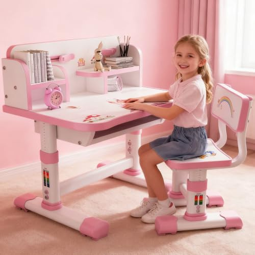 ilkqeppe Schreibtisch Kinder, Kinderschreibtisch Höhenverstellbar, Kinder Schreibtischstuhl mit Bücherregal und Schublade für Schlafzimmer und Arbeitszimmer (Rosa-c)