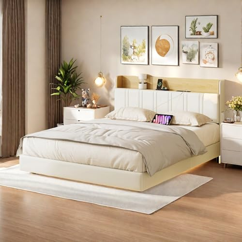 LieABak Schwebebett 140x200cm mit Stauraum-Kopfteil, Polsterbett Doppelbett mit LED und USB, Stauraumbett Erwachsenenbett, Jugendbett Bettgestell mit Lattenrost, PU, Weiß, Ohne Matratze (140x200cm)