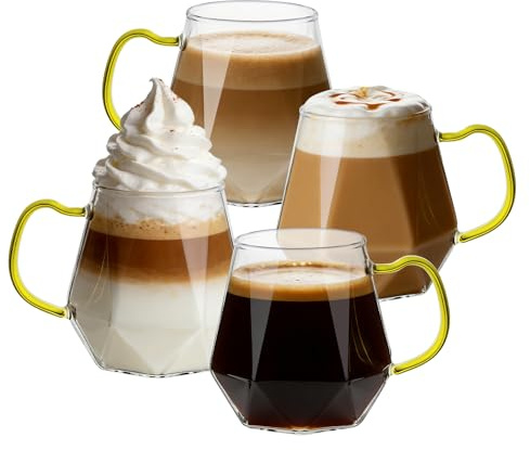 ANZHAN Tazas de Café y Té de Cristal Transparente, Borosilicato Resistente - Juego de 4 Unidades con Asa, Elegante y para Lavavajillas, un Regalo Bonito y Funcional para el Hogar u Oficina