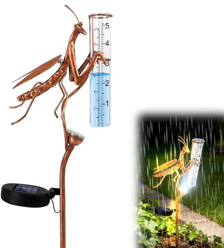 PORFOYO Pluviómetro para jardín, resistente a las heladas, con cristal, lámpara solar decorativa para jardín, IP55, resistente al agua, iluminación de 6 a 12 horas, varilla de 61 cm, ideal para balcón