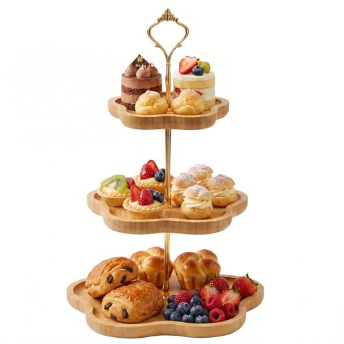 Tutamaz Eleganter Holz-Cupcake-Ständer mit 3 Ebenen und Blumenform-Design, Bambus-Etagere für Cupcakes, Desserts, Hochzeiten und Dekoration im rustikalen Wohnstil, Einfach zu Montieren und zu Reinigen
