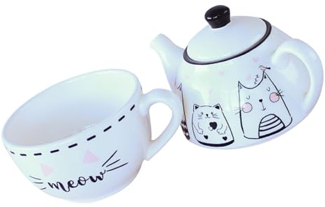 DONFAMDS Kit de Tetera Taza Incorporada de Cerámica Color Claro Estampado de Gato, Diseño Creativo y Elegante para Amantes del Té en Casa y Oficina
