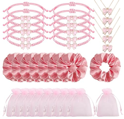 TJCGCKK 12 Sets Bow Party Favors Gifts Bow Necklace Bows String Bracelets Hair Scrunchies with Organza Bag Coquette Pink Party Decorations Preppy Gifts for Wedding Sleepover Cheerleader Birthday