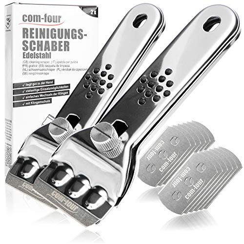 com-four® 2x Ceranfeldschaber mit 12 Ersatzklingen - Schaber aus rostfreiem Edelstahl für Kochfeld und Backofen - Zeranfeldkratzer Griff und Klingenschutz - Kochfeldschaber (02 Stück + 12 Klingen)