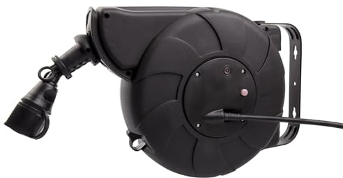 LEDKIA LIGHTING - Kabelrolle mit automatischem Rücklauf | 11m Verlängerung | Kindersicherung | Überhitzungsschutz | IP44 Spritzwasserfest | Wand- & Deckenmontage, Schwarz, 300x150x450 mm, PE