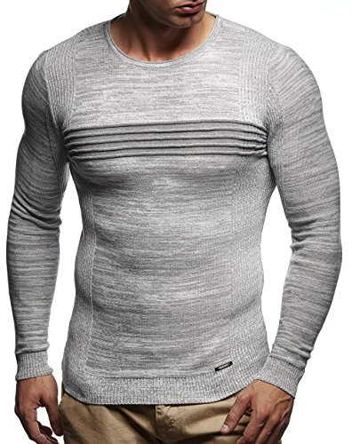 Leif Nelson Herren dünner Strick-Pullover Rundhals-Ausschnitt Slim Fit Winter Sommer Moderner Männer Winterpullover Wollpullover Langarm Crew Neck Feinstrick LN1660 Ecru-Grau 1600 Small