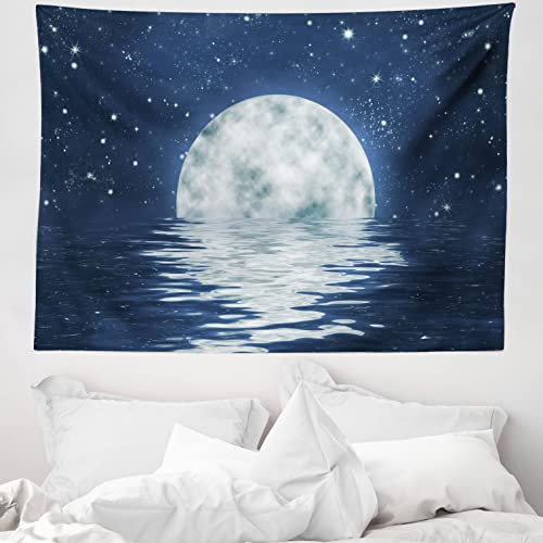 ABAKUHAUS Mond Wandteppich, Mond-Einstellung über Meer aus Weiches Mikrofaser Stoff Waschbar ohne Verblassen Digitaldruck, 150 x 110 cm, Nachtblau Weiß
