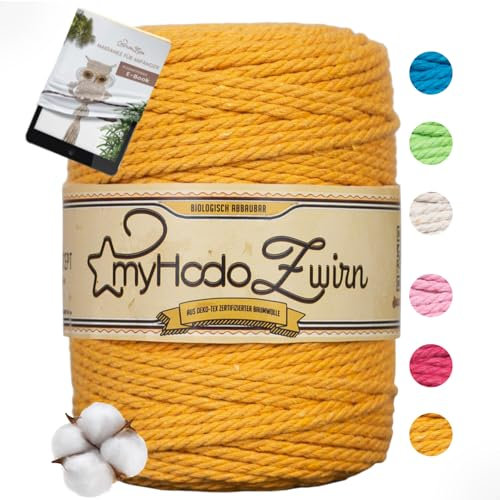 myHodo Premium Makramee Garn Gelb – Oeko-TEX Baumwolle – 100% Plastikfrei Verpackt – Perfekt für Wandbehänge, Heimdeko & Bastelarbeiten (3mm x 100m)