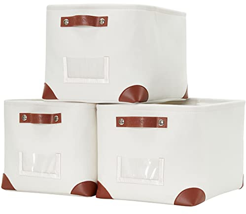 DECOMOMO White Storage Bins Fabric Storage Baskets for Shelves & Linen Closet Organization (Creamy White W/ Label holder, Large - 3 Pack)