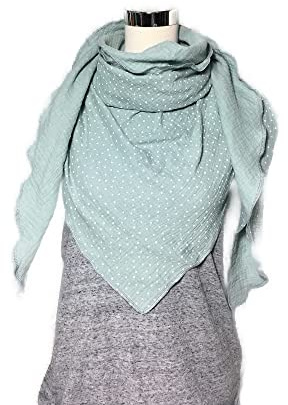 Musselin Schal Mint kleine Punkte Weiß Musselin Wickelschal Tuch Dreieckstuch Stola Handmade Schal einlagig Halstuch