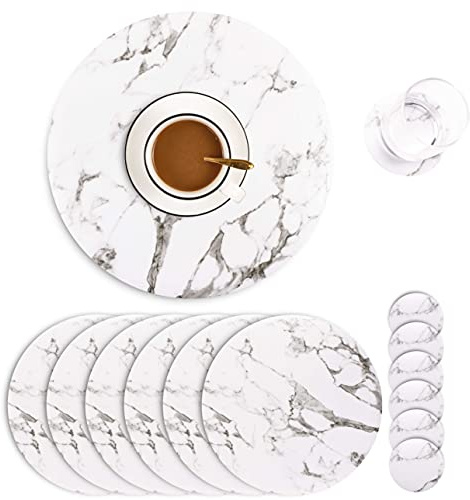 Set of 6 Marble Round Placemats and Coasters, Faux Leather Waterproof Table Mats, Easy to Wipe Off for Kitchen Dining Round Table