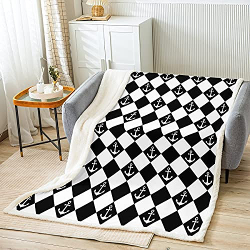 Anker Dekor Decke 150x200cm für Kinder Jungen Mädchen Jugendliche Nautik Ozean Thema Kuscheldecke Buffalo Prüfen Zimmerdekoration Wohndecke Schwarz Weiß Plaid Geometrisch Flanell Fleecedecke