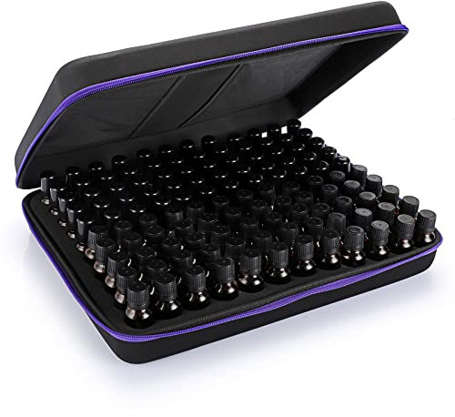 Hipiwe Custodia rigida per 120 bottiglie di oli essenziali in EVA, custodia da viaggio con inserto in schiuma, contiene oli essenziali da 5 ml, 10 ml, 15 ml, Nero e viola., XL, alla moda