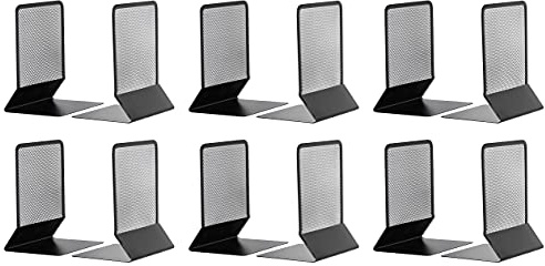 OSCO Wiremesh Bookends, Heavy Duty Metal Mesh Book Supports for Shelves, Bookcases & Desks, Non-Slip Base, Ideal for Home, Office, School or Library Use, 6 Pair (Pack of 12) - Black