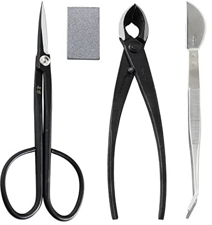 Wazakura 4-teiliges Bonsai-Werkzeug-Set, hergestellt in Japan, Yasugi-Stahl-Zweig-Bonsai-Schere + konkave Astschneider, 200 mm, Edelstahl-Pinzette + Saft-Radiergummi-Set