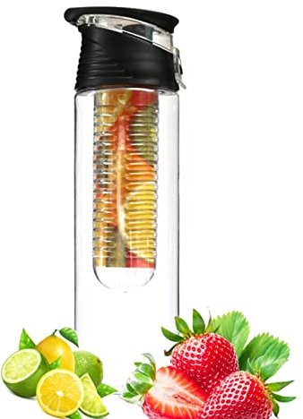 28oz Fruit Infuser Wasserflasche, Obstfilterflasche, auslaufsichere große Trinkflasche mit Ausguss, Wiederverwendbare Trinkflaschen für Zitrone, Kiwi, Beeren, Gelb/Schwarz/Rot