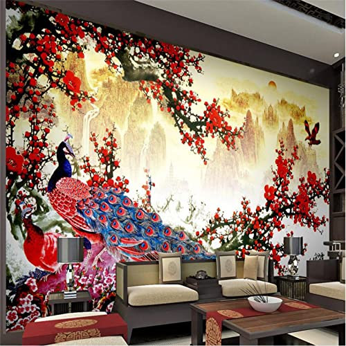 XTSWallpaper 3D Effect Wall Sticker Poster 140X70Cm Red Branch Peacock Pictures Poster Wallpapers PVC Removable Self Adhesive Art Wall Decals for Bedroom Living Room Home Decoration