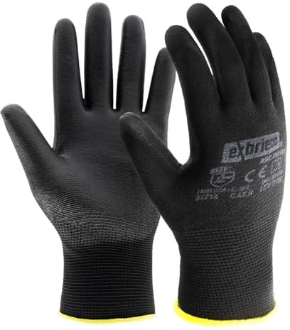 EXBRIECO, Arbeitshandschuhe, 3, 6 oder 12 Paare, Schutzhandschuhe für Damen und Herren, Polyester und Polyurethan, Atmungsaktiv, Taktile Präzision, Widerstandsfähig, Mechaniker, Konstruktion, EPI.