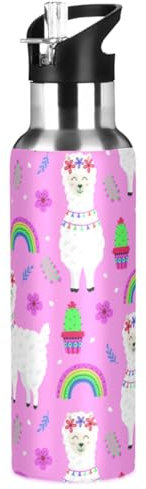 ZZKKO Water Bottle with Straw Llama Cactus Rainbow Purple Stainless Steel Iron Flask Capsule Water Bottle Daily Water Intake Bottle Thermos Kids Cups No Spill Women Adult 20OZ/600ML