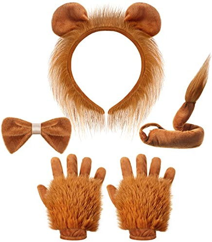 Haysandy 5 Pcs Lion Costume Set Lion Ears Headband Paw Gloves Bow Tie and Tail Halloween Cosplay Party Accessories for Kids Animal Themed Costume Dress up