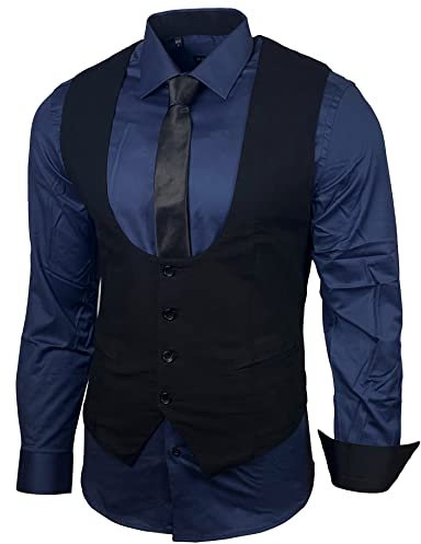 Herren Hemd Weste Krawatte Set Business Anzugweste Westen Slim Fit Smoking Frack Business Herrenanzug-Set Sakko B-101, Farbe:Marine, Größe:XL