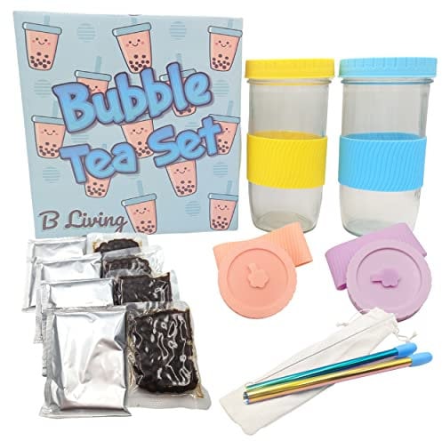 Bubble Tea Kit Gift Set - Bubble Tea Cups With Lids, Straws, Boba Pearls, Boba Tea Powder, Spare Bubble Tea Cup Lids & Boba Tea Kit Accessories. Complete Make Your Own Bubble Tea Kit/Boba Kit