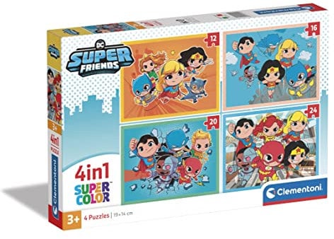 Clementoni - 21520 - Supercolor Puzzle 4 In 1 - Dc Superfriends - Puzzle 12,16,20,24 Teile Ab 3 Jahren, Buntes Kinderpuzzle Mit Besonderer Leuchtkraft, Geschicklichkeitsspiel Für Kinder