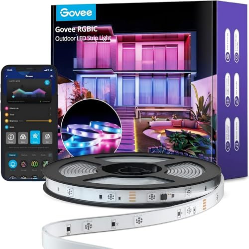 Govee Ruban LED 10M Extérieur IP65 Étanche, Bande RGBIC Multicolore, APP Contrôle, Luminaires Extérieur pour Avant-Toit Balcon Jardin Piscine