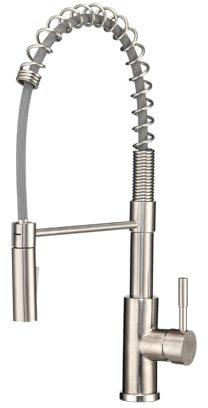 Dura Faucet DF-MK504SLK-SN Robinet d'évier de cuisine pivotant à ressort à arc haut et à ressort pour camping-car – Poignée unique – Robinet de cuisine avec pulvérisateur rétractable – Plaque de pont