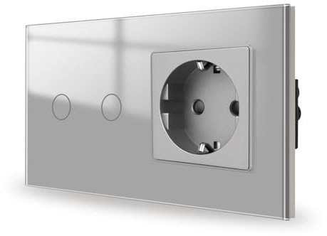 JIMEIDA Interruptor de luz táctil con enchufe, empotrable, gris, 2 vías, panel de cristal e interruptor de pared LED de estado, no requiere cable neutro, 157 x 86 mm