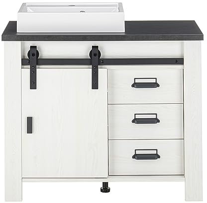 Waschbeckenunterschrank Waschtisch MIT Waschbecken in weiß Pinie und schwarz/anthrazit Industrial Design 95 cm Badschrank inkl WaschbeckenStove (Einzel-Waschtisch)