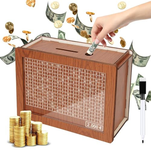 2000€ Spardose Holz, Sparbox Mit Sparziel, Spardose aus Holz mit Acrylplatten, EIN Wieder Verwendbares Geldkassetten, Geldkassette mit Zähler Zahlen Zum Ankreuzen fur Erwachsene und Kinder