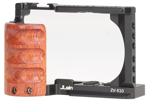 FOTGA Camera Cage with Wooden Side Handle Grip for Sony Alpha ZV-E10 Camera, Video Stabilizer Aluminium Alloy Extension Frame with Cold Shoe 1/4-20 3/8-16 Locating Hole for Arri Grip, Mic, LED