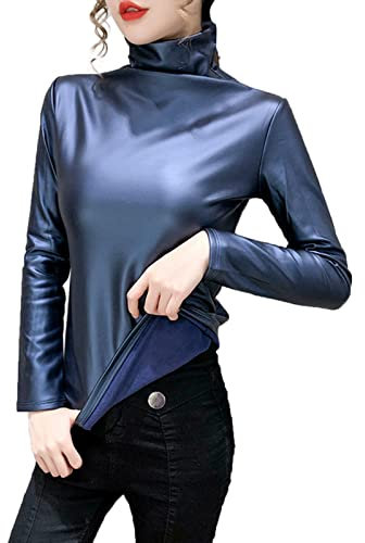 Damen T-Shirt Mit Rollkragen Solide Frauen Rucksack-Ärmel Lederbluse lässige Hemden Towns Lange feine Frauen-Bluse Damen Shirt Schwarz