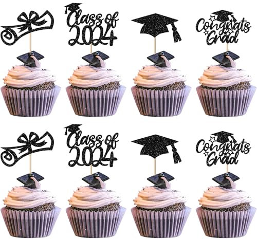 24 Stück 2024 Abschluss Tortendeko Glitzer Class of 2024 Diploma Grad Cap Kuchen Deko 2024 Graduation Cupcake Toppers für Schule 2024 Absolvent Thema Party Kuchen Dekoration Schwarz