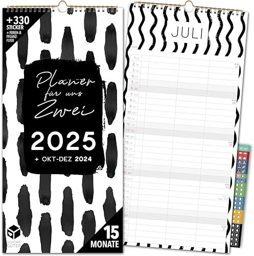 Paarplaner 2025 3 Spalten SCHWARZ WEIß Planer für Zwei 2025 und Okt-Dez 2024 Partnerkalender 16x32,5cm Paarkalender f. Paare 2025 Wandplaner 2 Personen STICKER Recycling Urlaub Black and White