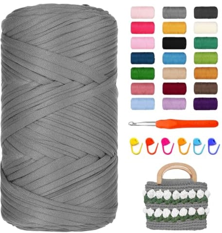 Bocguy 400g Textilgarn, Tshirt Garn, Bändchengarn zum Häkeln mit Häkelnadel | Jersey Garn, Schlauchgarn, Dickes Polyester Strickgarn für Häkeltaschen Körbe Teppiche, Heimdekoration, DIY-Kunsthandwerk