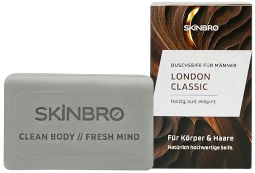 SKINBRO Festes Duschgel Männer London Classic - Duschseife Männer Elegant & Holzig, Oud - Made in Germany, Shampoo Herren Vegan & Nachhaltig - Silikonfrei, Seife Stück, feste Seife, Naturseife 100g