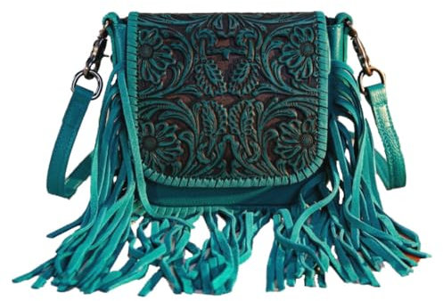 Carmelita Handtasche Schultertasche Westerntasche Fransen Leder Prägung (Türkis)