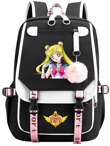 TIANSTON Anime Sailors Moons Rucksack Schultaschen für Mädchen Kawaii Schulrucksack mit niedlichem Anhänger Schultasche für Kinder Schwarz