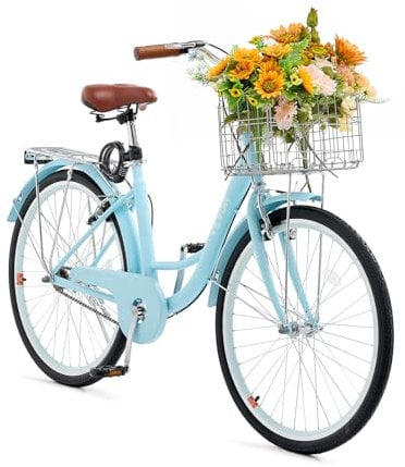 VEVOR Cruiser Fahrrad (Reifendurchmesser 660,4 mm) Beach Fahrrad mit großem Korb & Gepäckträger, Cruiser-Fahrrad mit verstellbarem Sitz, für Radfahren & Trainieren & Einkaufen Hellblau