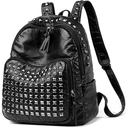 LSNNMU Rucksack Nieten PU-Leder-Nieten-Rucksack for Damen, einfarbig, Schulrucksack for Studenten, lässige Handtasche for Frauen FüR Reisen(Black)