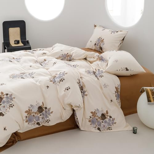 Covebett Bettwäsche Baumwolle 140x200 Beige Blumen Vintage Blümchen Geblümt Muster Bettbezug Set Aesthetic Botanisch Blumenwiese Blumenmuster Deckenbezug Reißverschluss und Kissenbezug 70x90cm